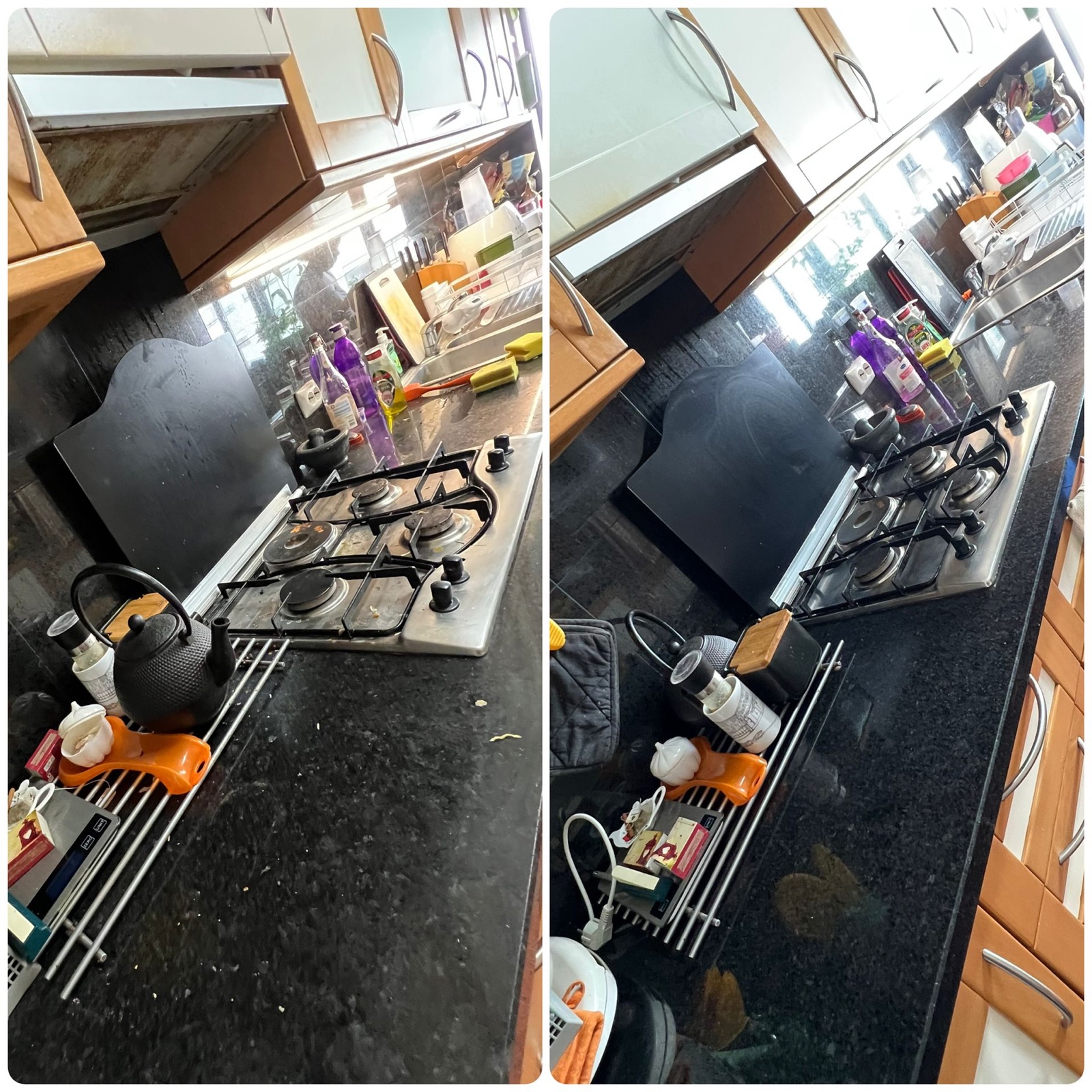 Bancada de cozinha antes e depois da limpeza profissional da Royal Diamond Clean
