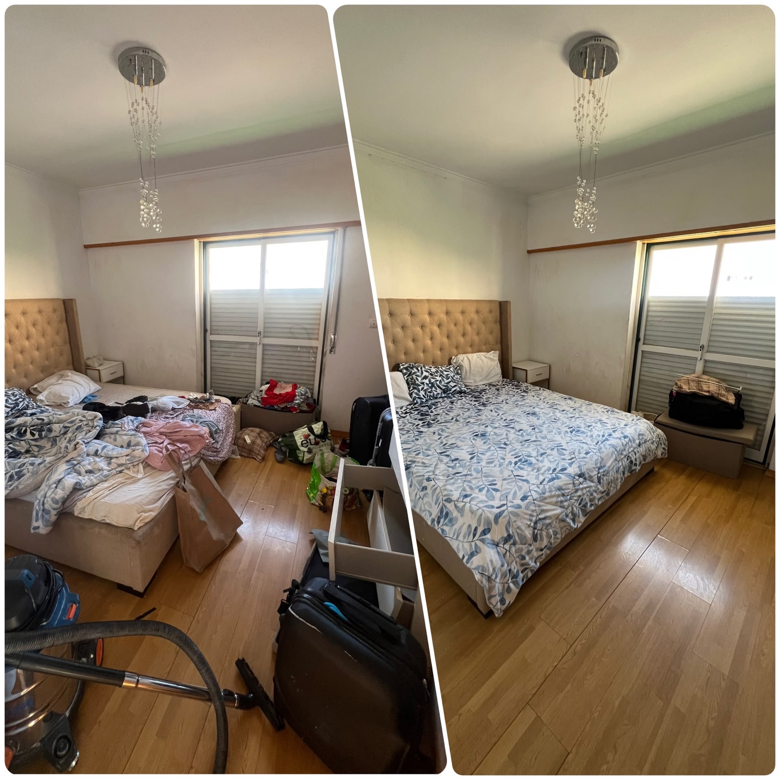 Quarto — limpeza e arrumação — antes e depois